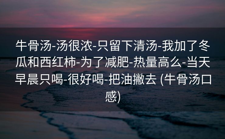 牛骨汤-汤很浓-只留下清汤-我加了冬瓜和西红柿-为了减肥-热量高么-当天早晨只喝-很好喝-把油撇去 (牛骨汤口感)
